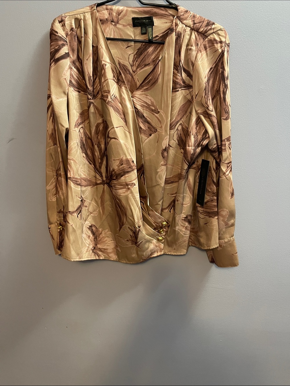 Donna Karan Taupe Floral Wrap-Front Blouse